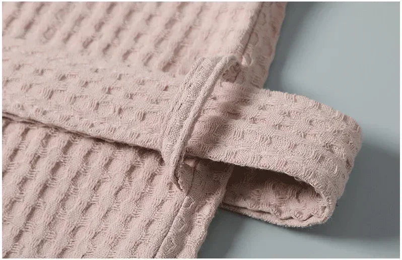 Waffle Cotton Bathrobe Spring Summer Lightweight Morning Robe Long Sleeves Spa Hotel Sauna Wellness Women Men | Sansoti
