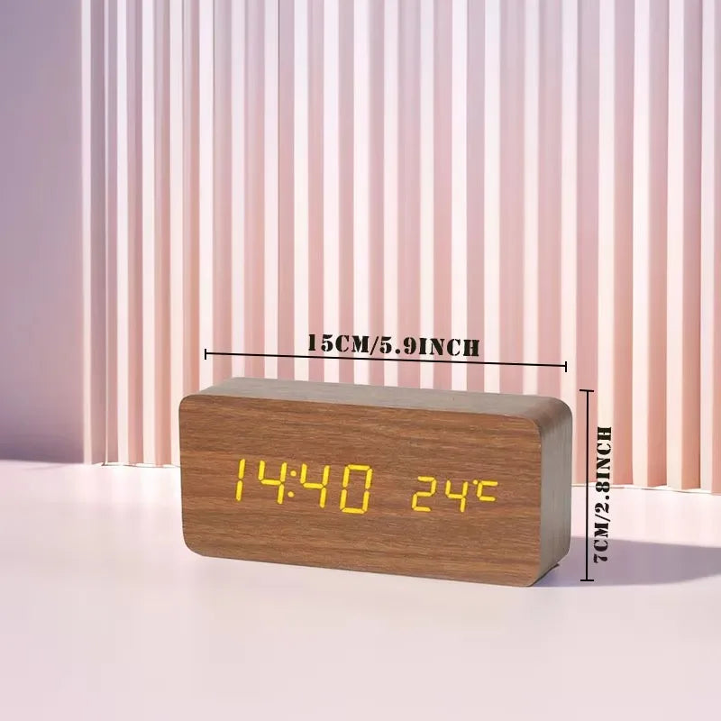 Digital Alarm Clock Wood Look LED Bamboo Black Brown Temperature USB Bedroom Desk 3 Alarms Adjustable Brightness 12/24h Table Clock | Sansoti