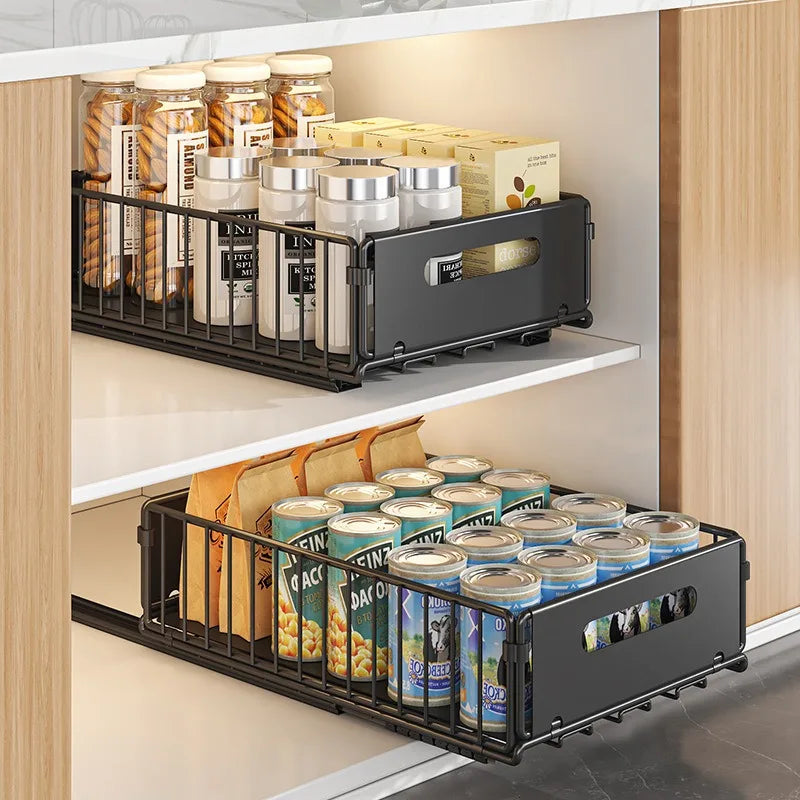 Extendable Spice Drawer Kitchen Carbon Steel 37.5cm Black Cabinet Organizer Pull-Out Spice Rack Deep Cabinet Storage Tray | Sansoti