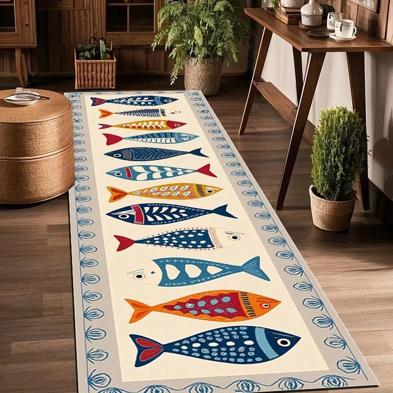 Hallway Runner with Nautical Fish Pattern, Non-Slip, Washable Polyester, Elongated Rug for Hallway, Kitchen, or Corridor | Sansoti