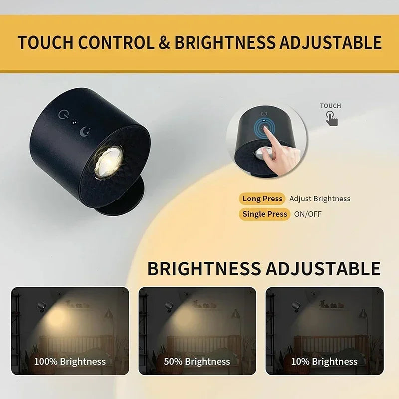Wireless Rechargeable Wall Light with Touch Control, 360° Rotatable Magnetic Reading Light and Night Light for the Bedroom | Sansoti