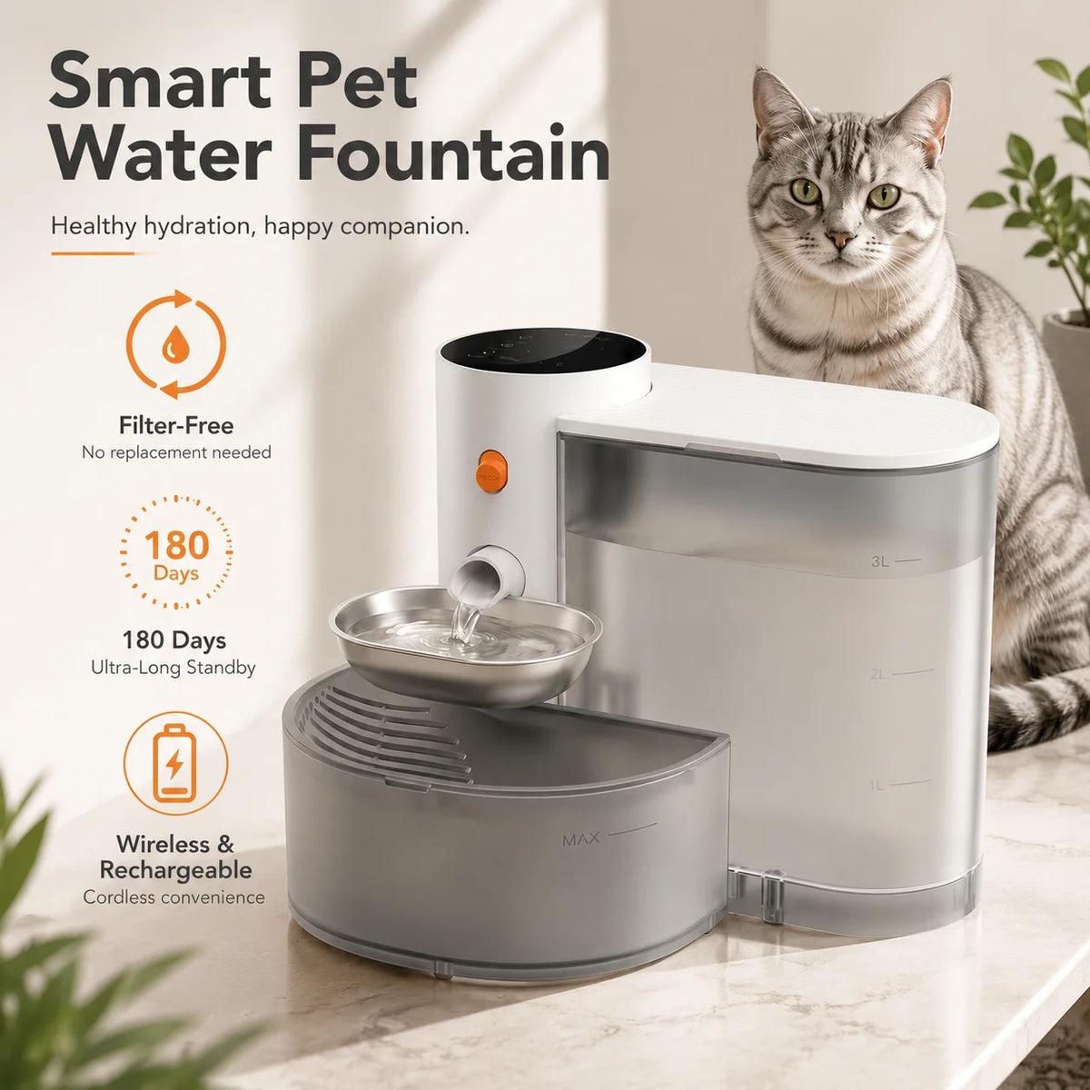 Draadloze Drinkfontein Kat 3L Oplaadbaar Automatische Huisdierdispenser met Filtersysteem voor Schoon Water | Sansoti