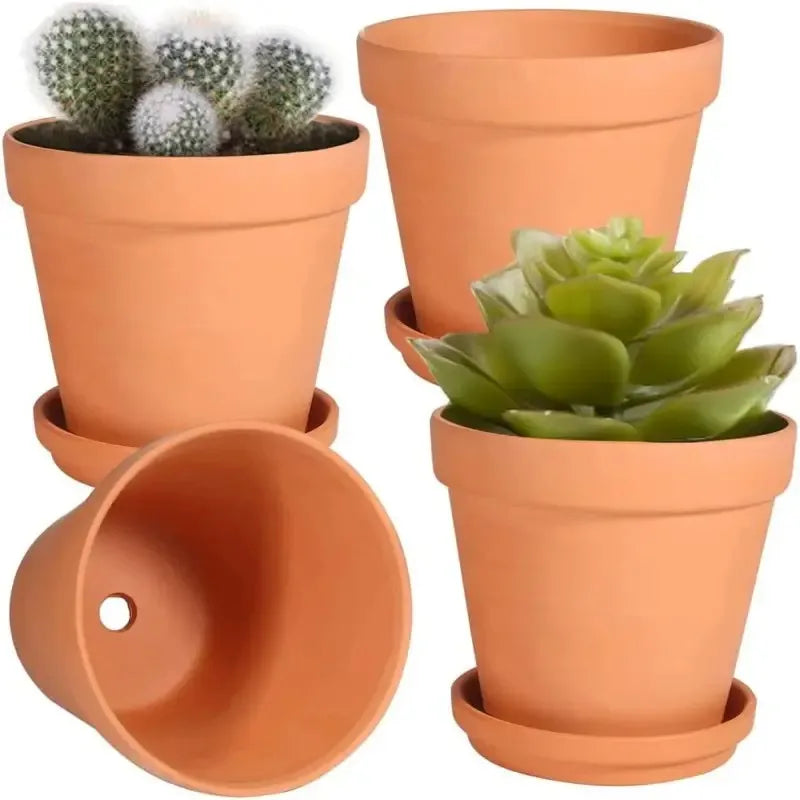 Set van 4 Terracotta Bloempotten 10 cm met Schotel & Drainagegat Decoratief Aardewerk voor Binnen en Buiten | Sansoti