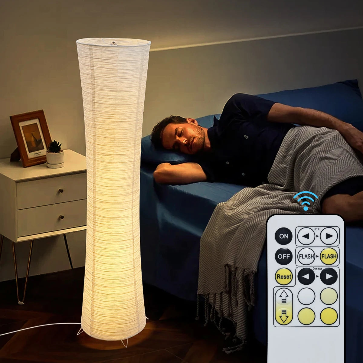 Zylindrische Stehlampe aus Reispapier 107 cm mit warmem, diffusem Licht im Japandi-Stil, Fernbedienung, Timer und stimmungsvollem Licht | Sansoti