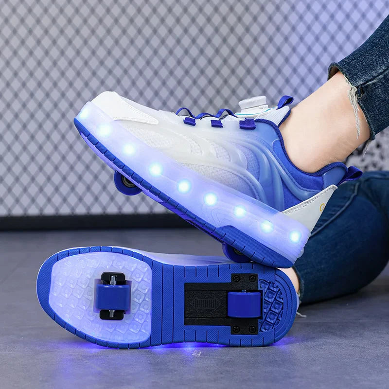LED roller skate shoes USB rechargeable pink blue kids sneakers with wheels light-up skates for outdoor boys girls | Sansoti