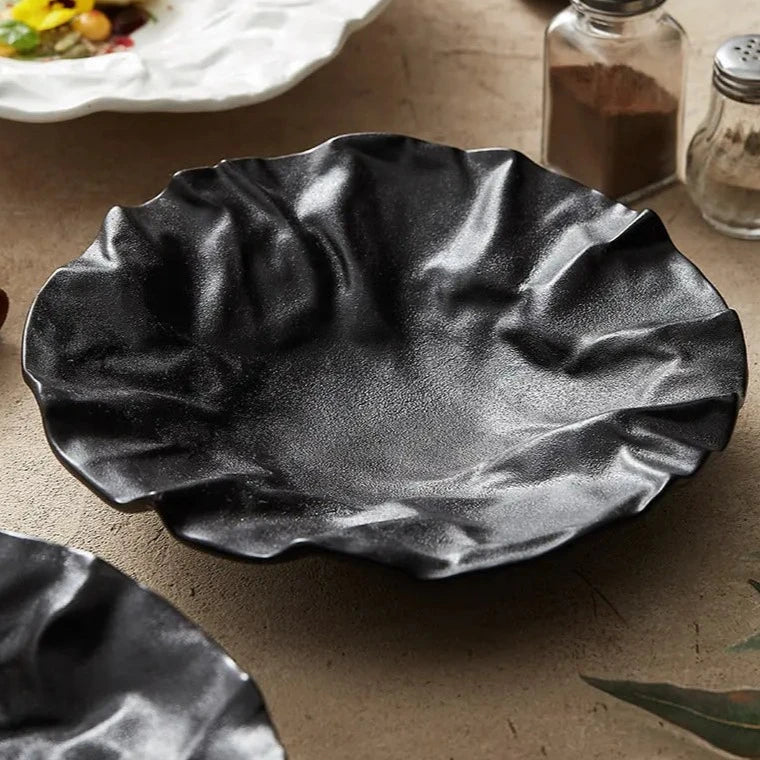 Ceramic Bowl with Tide Ripple Effect White Black Coastal Tableware 23cm 28cm | Sansoti