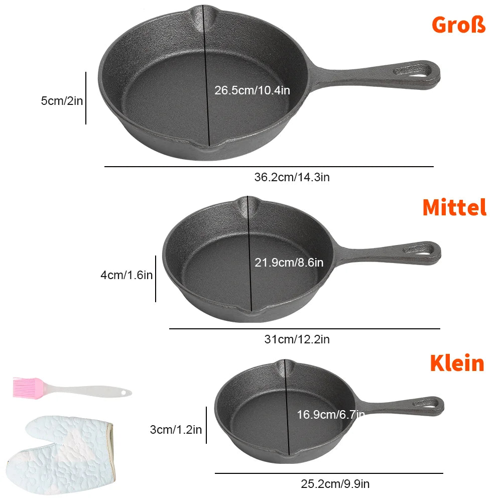 Juego de sartenes de hierro fundido, 3 piezas, 16-20-26cm, para inducción y gas, sin revestimiento, sartén para asar, tortillas y salteados, negro | Sansoti