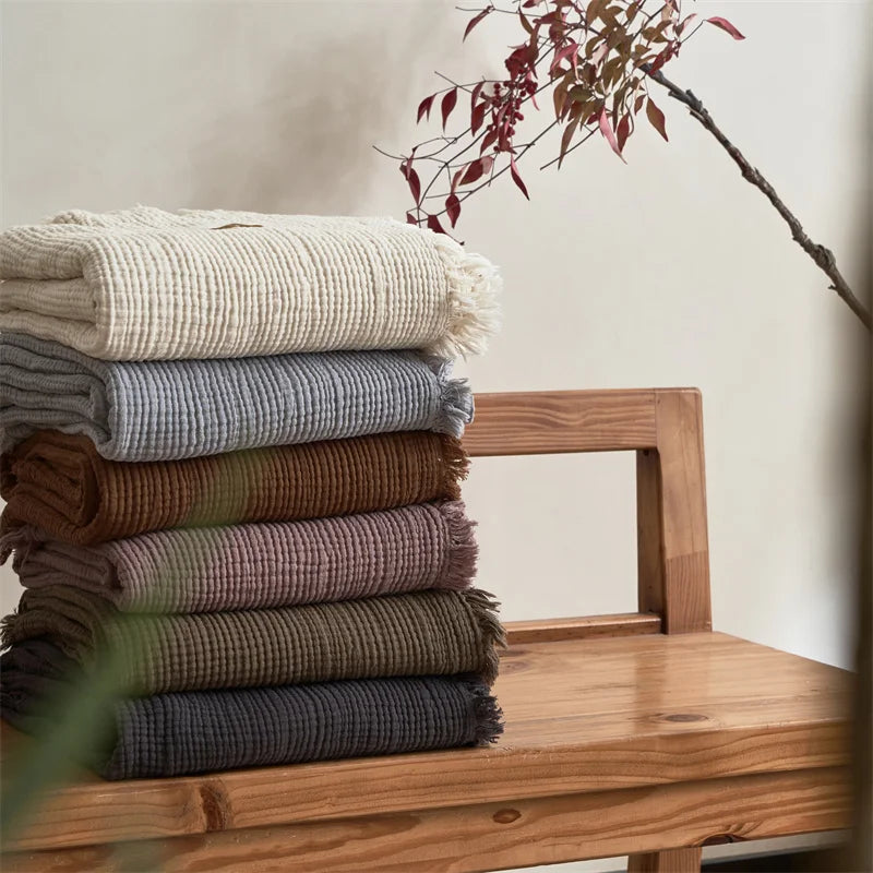 Katoenen Plaid Vierlaags Mousseline Deken met Kwastjes Effen Kleur Bank Bed Slaapkamer Decoratief Warm | Sansoti