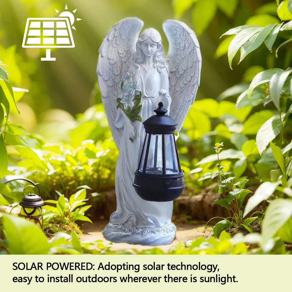 Engelsgartenfigur Solar LED Laterne 31cm Harz Automatisch Außen Garten Terrasse Patio Stimmungslicht Wasserdicht Weiß | Sansoti