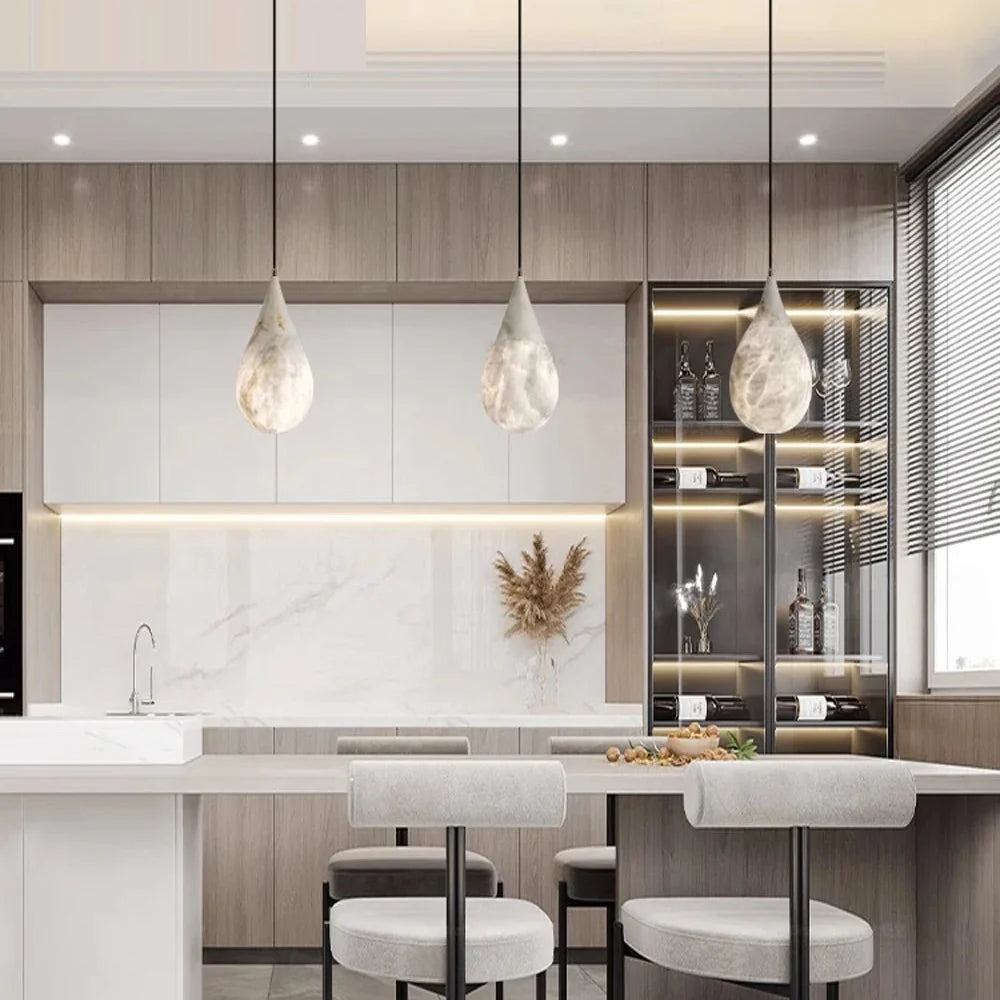 Suspension en forme de goutte, albâtre, à intensité variable, éclairage LED, îlot de cuisine, table de chevet, intérieur scandinave | Sansoti