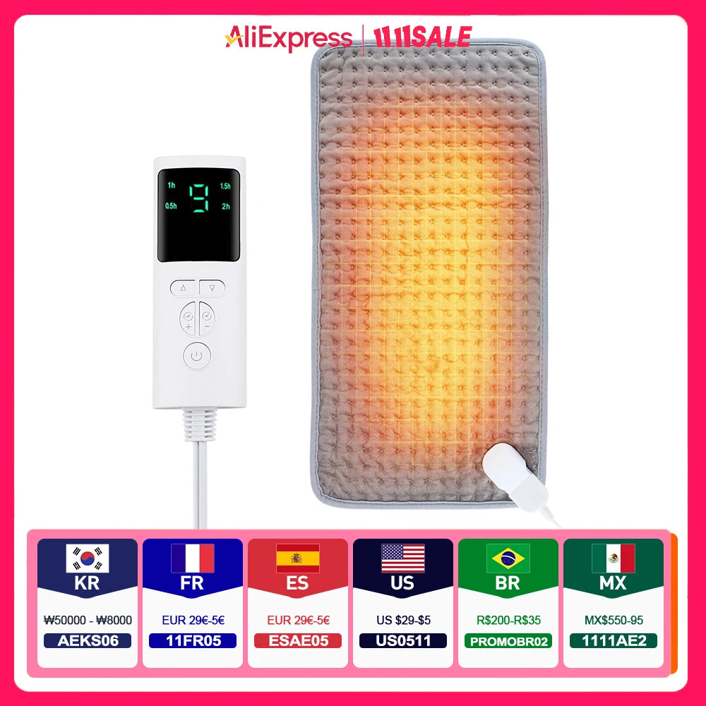 Verwarmingskussen 60x30 cm Elektrisch Grijs Microplush Verstelbaar Warmte 10 Standen Zacht Draagbaar | Sansoti
