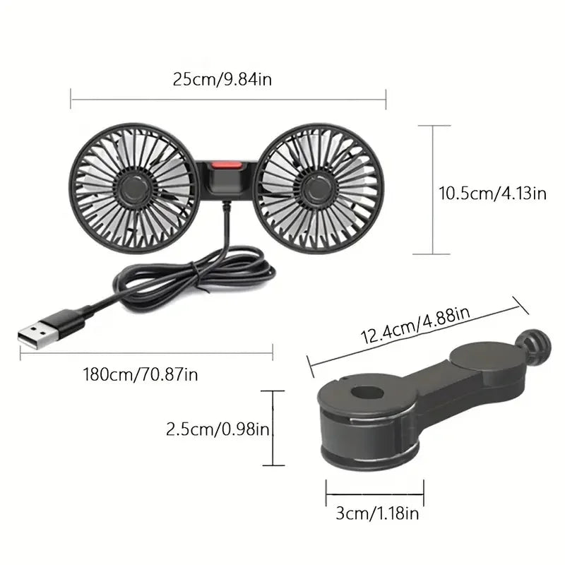 Portable Car Fan with Dual Heads 360° Adjustable USB Rechargeable 3 Speeds Headrest Neck Cooler for Car Home Camper | Sansoti