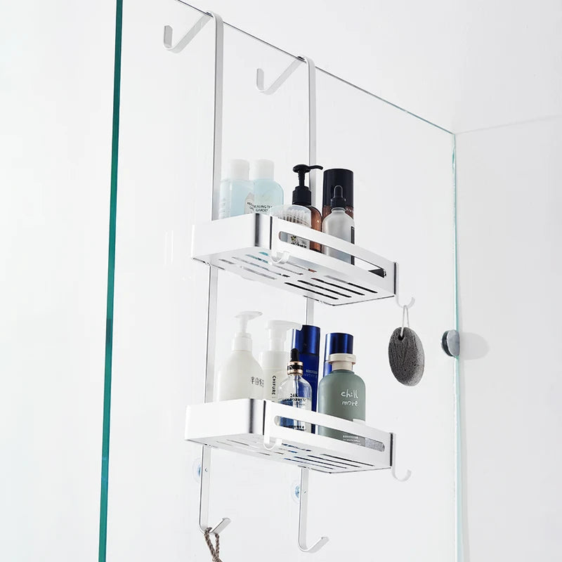 Estante de ducha de aluminio, negro y plateado, de 2 o 3 niveles, para colgar en la puerta de la ducha, armario de baño, sin taladrar, soporte para champú, organizador de baño | Sansoti