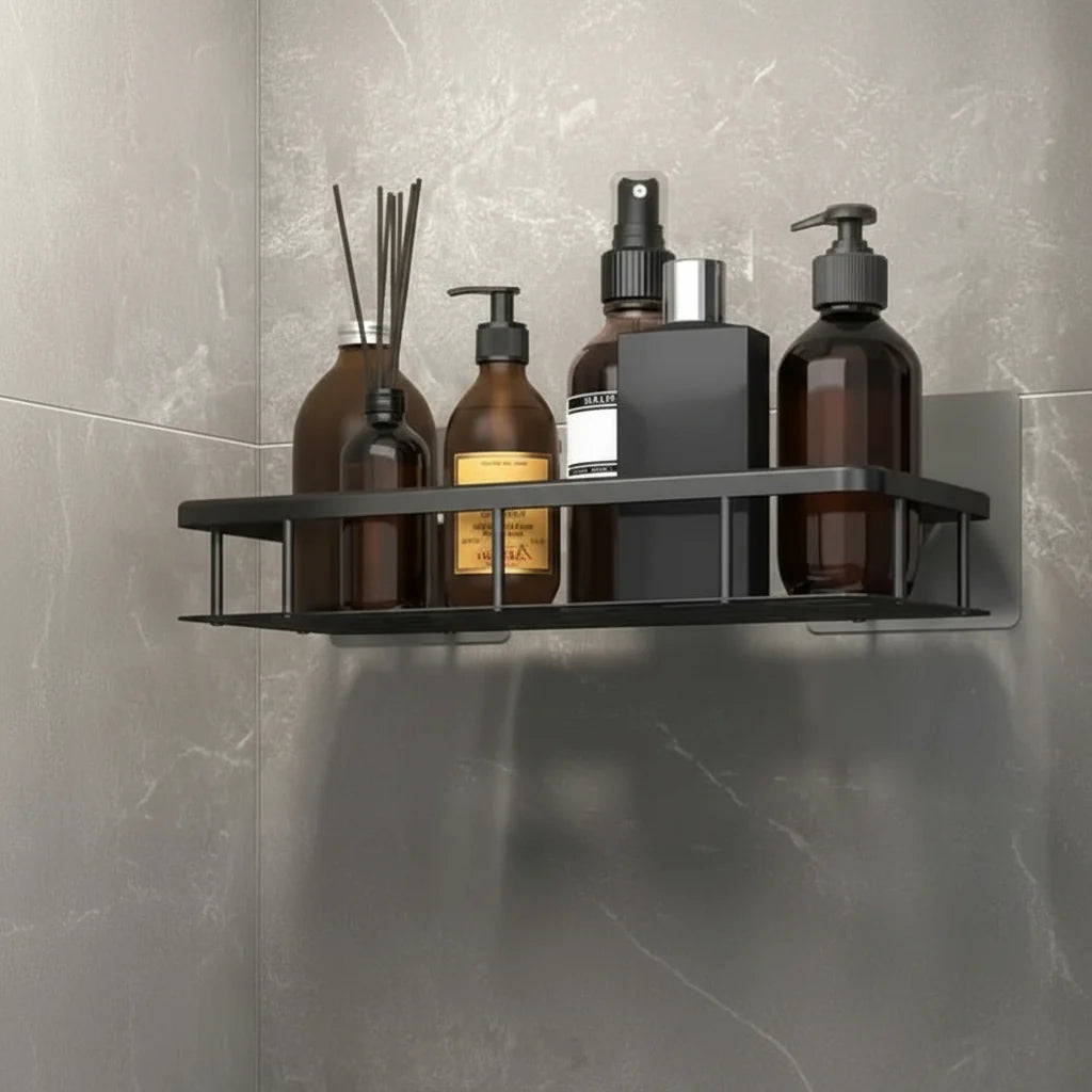 Étagère de salle de bain autocollante sans perçage ABS inox Étagère d'angle Douche Scandinave Moderne | Sansoti