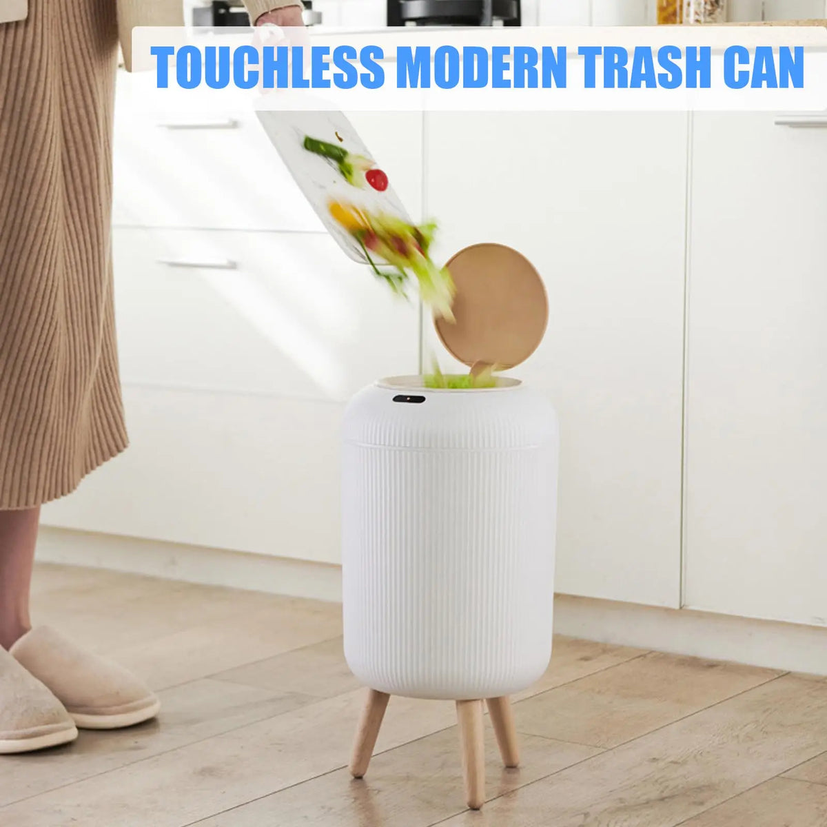 Trash Can Sensor Automatic 10L White Green Black Wooden Legs Living Room Bathroom 0.3s Infrared Lid Smart Garbage Bin Kitchen | Sansoti