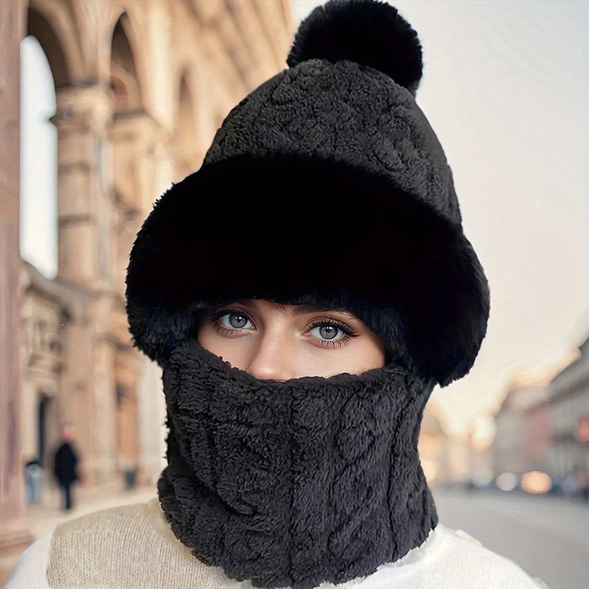 Fleece Balaclava with Pom-Pom Black Beige Khaki – Winter Hat Scarf Neck Warmer Hood Women Men Cycling | Sansoti