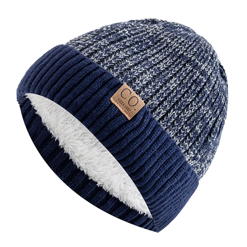 Unisex-Wintermütze mit Fellfutter, gestrickt, zweifarbiges Design, Beanie für Herren und Damen, warme Mütze, lässige Mode, Streetwear | Sansoti