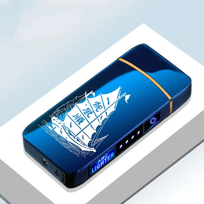 Oplaadbare USB Plasma Aansteker Blauw Metaal Dubbele Lichtboog Windbestendig voor Kaars Kachel Binnen Buiten Modern Design Milieuvriendelijk zonder Gas Aanraakbediening LED Batterij-indicator | Sansoti