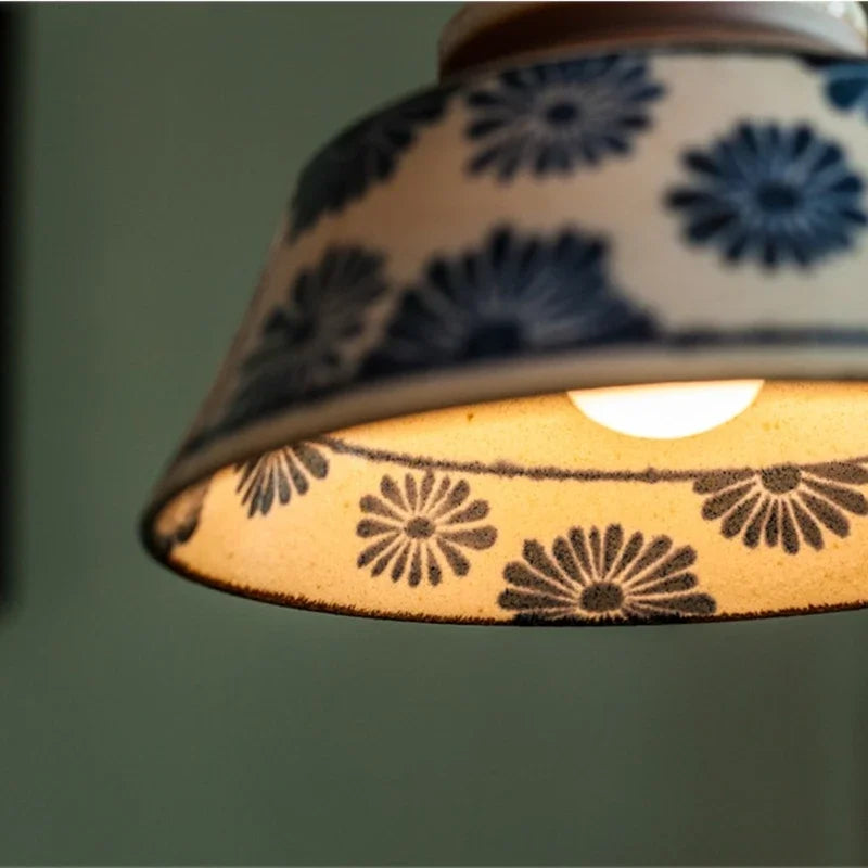 Pendant lamp for dining table ceramic hand-painted floral motif copper fitting E27 light source included 4 designs | Sansoti