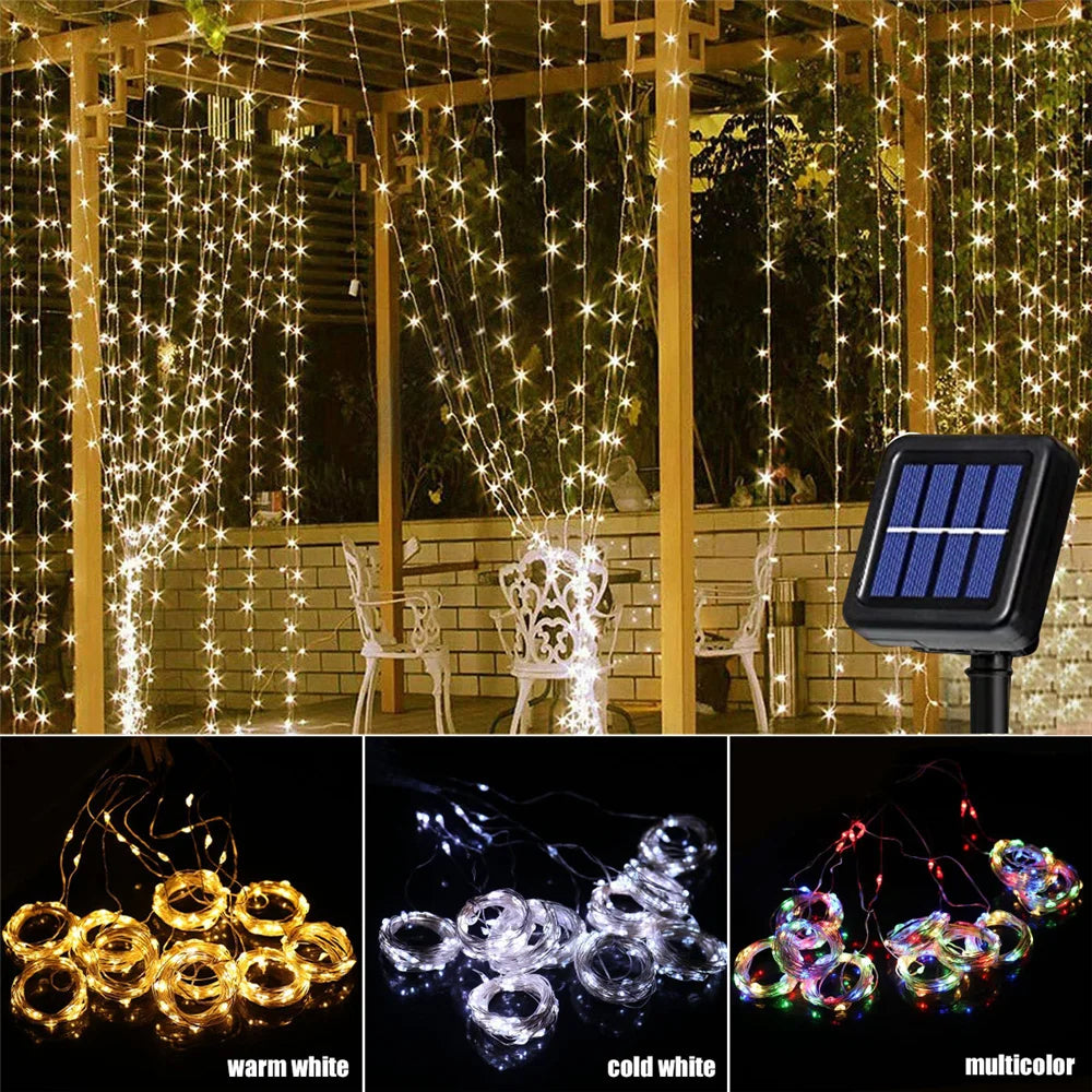 Gordijnverlichting Solar 300 LED Waterbestendig Warm Wit of Multicolor Tuindecoratie Feestverlichting | Sansoti