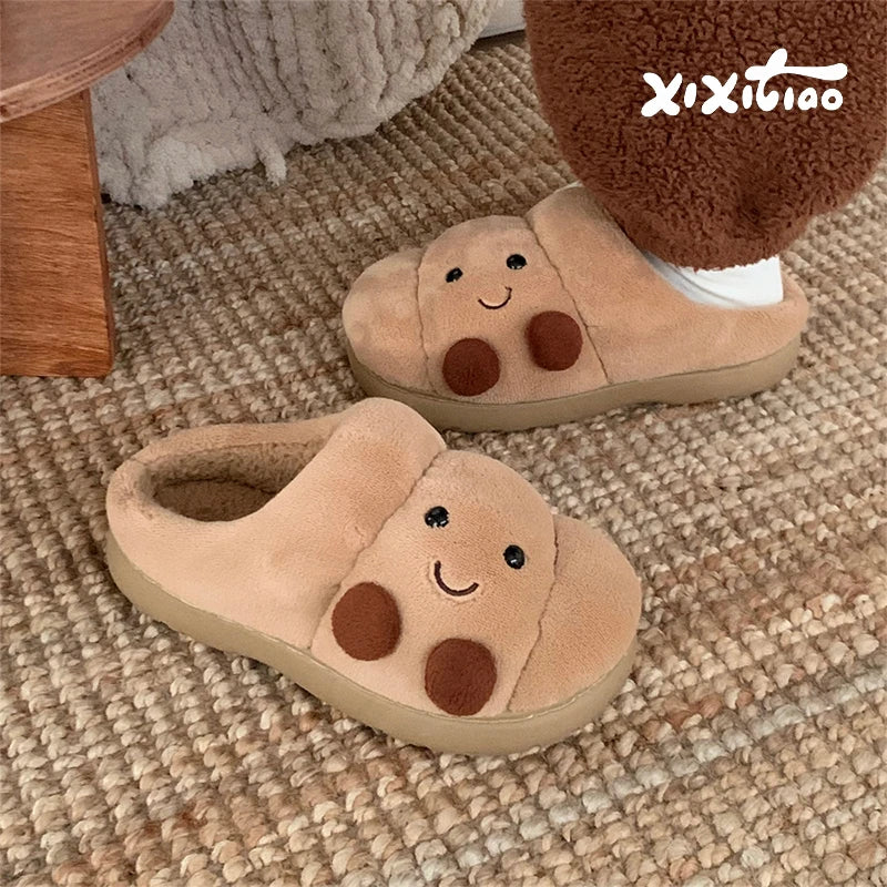 Croissant-Plüschhausschuhe, Unisex, rutschfest, warme Winterschuhe für drinnen, weiche und bequeme Pantoffeln | Sansoti
