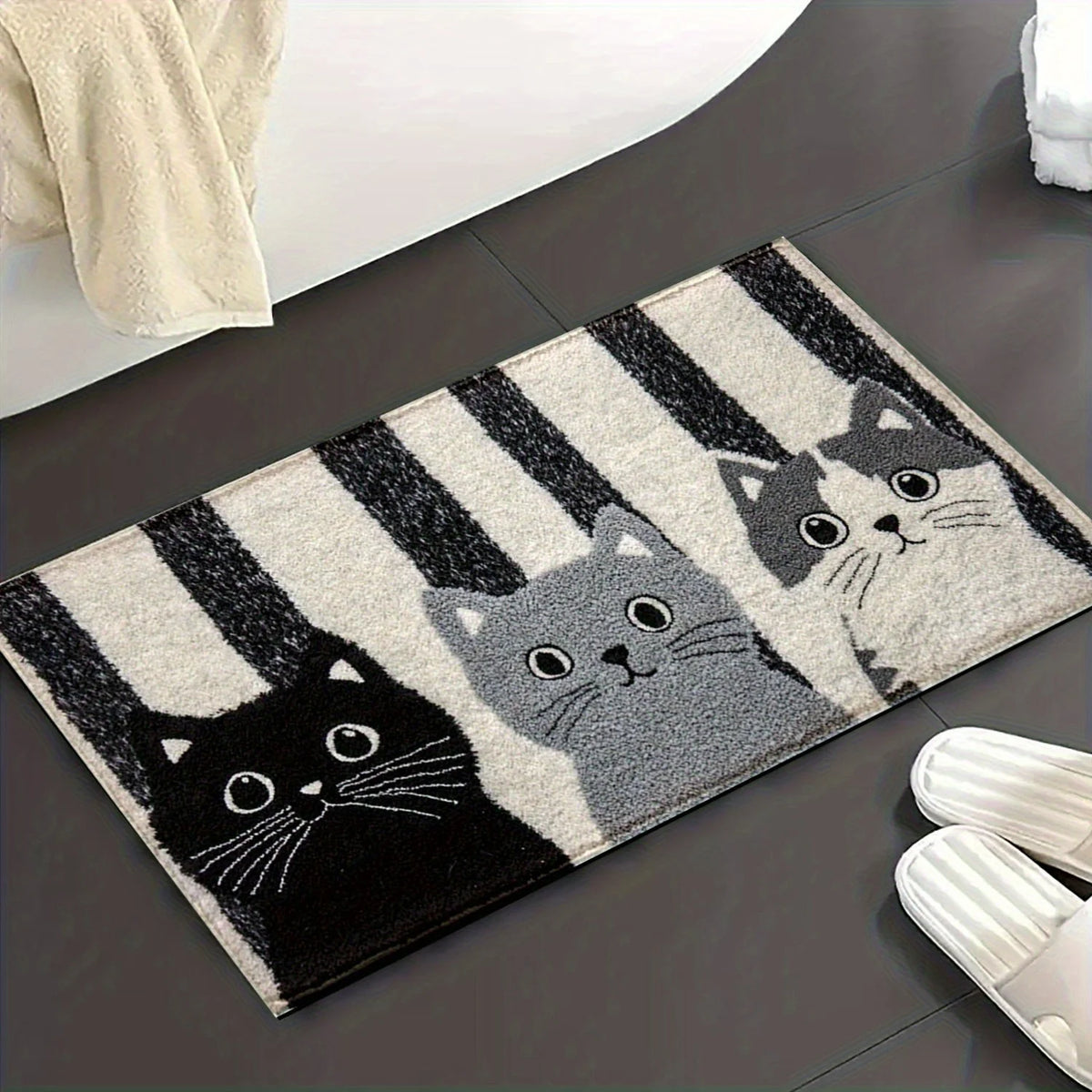 Deurmat Cartoon Katten PVC Zwart Wit Gestreept 60x90cm Antislip Waterdicht Vloermat Slaapkamer Woonkamer Hal Buitendeurmat | Sansoti