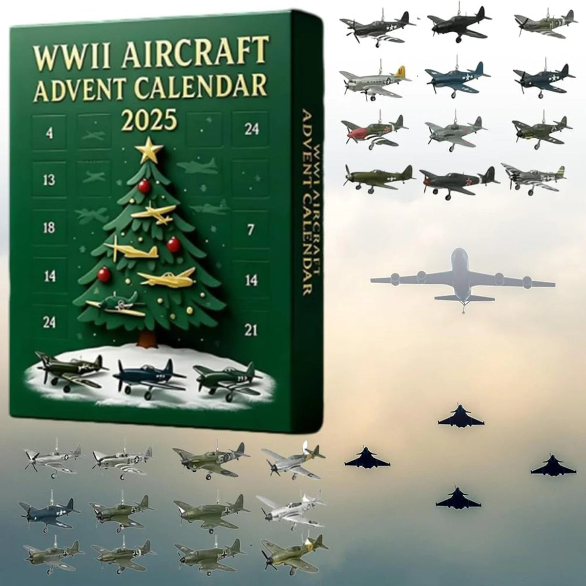 Adventskalender mit historischen Flugzeugen, 24 Miniaturmodelle von Flugzeugen aus dem Zweiten Weltkrieg, Weihnachtskalender für Kinder | Sansoti