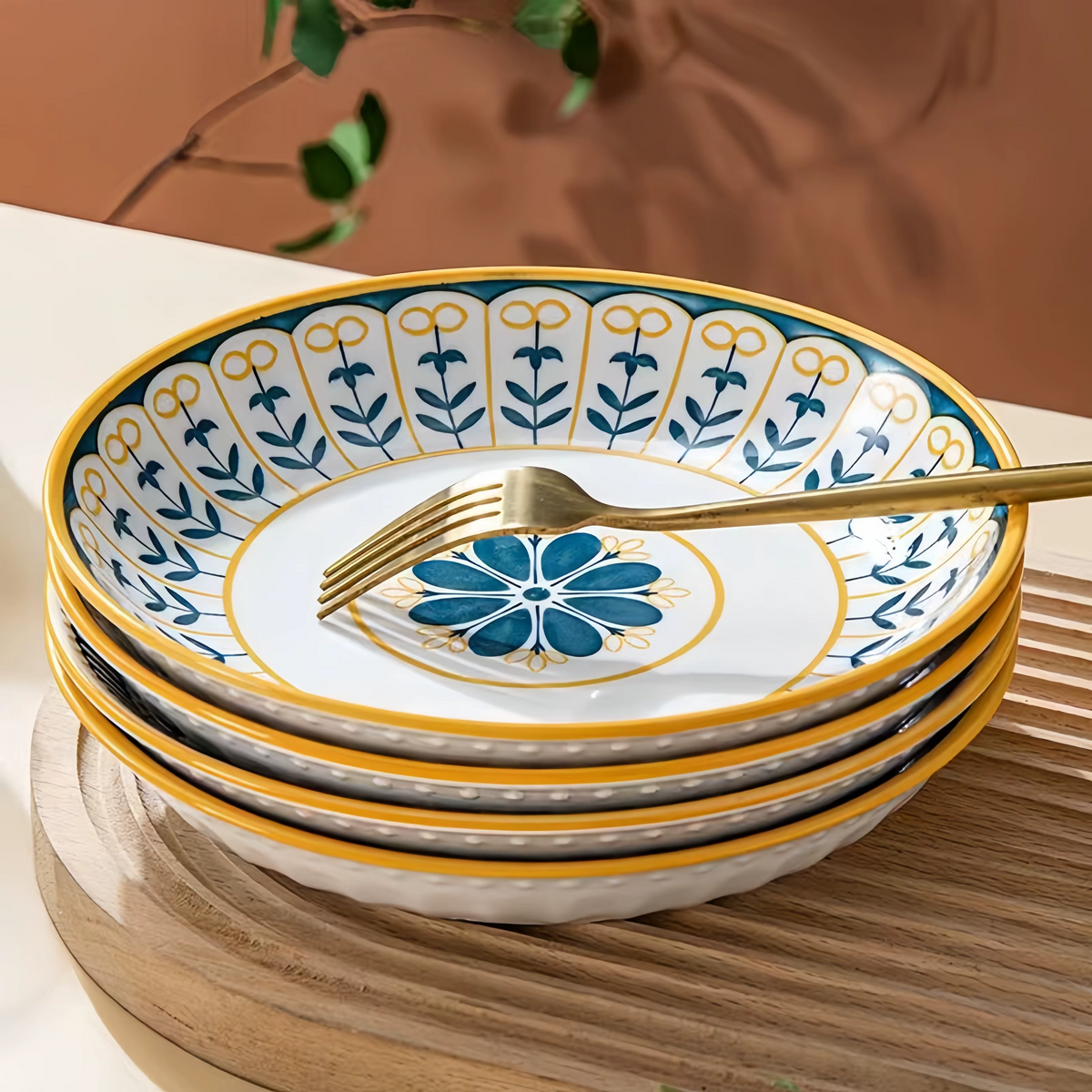 Tellerset 4 Stück Porzellan Handbemalt Toskanisch Blau Gold 20cm | Sansoti