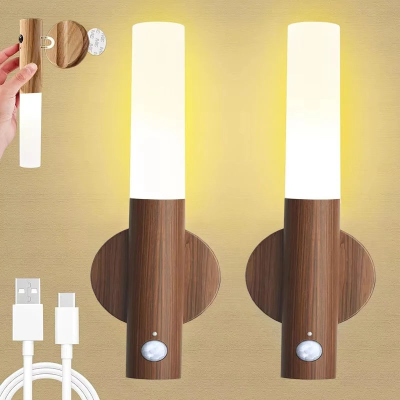 Ładowana lampka nocna z czujnikiem ruchu, drewniana lampa ścienna z montażem magnetycznym, ciepłe białe światło LED do sypialni | Sansoti