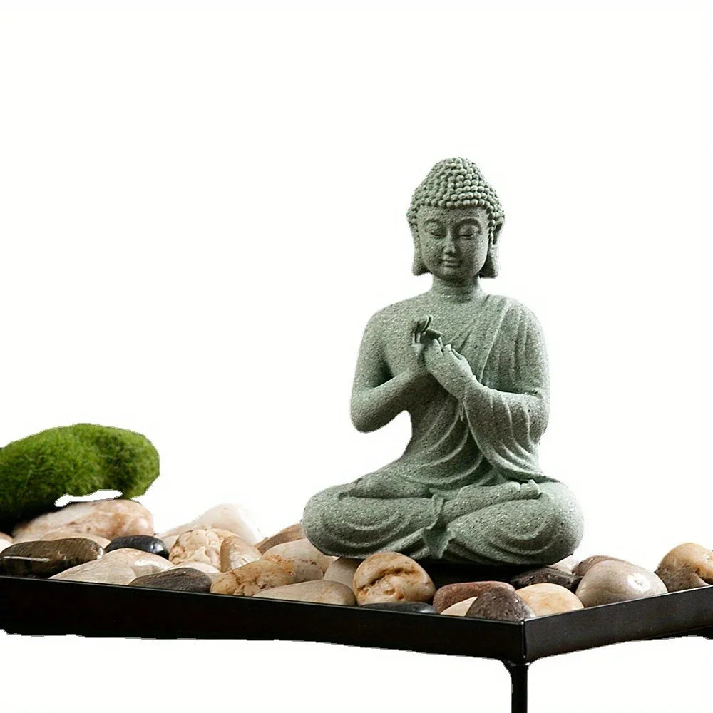 Meditating Buddha Decoration Green Sandstone 8 cm Living Room Office Aquarium Spiritual Statue Zen Ornament | Sansoti