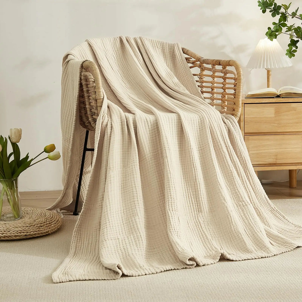 Muslin Throw Six-Layer Cotton Blanket Soft Breathable 198x229cm Bed Sofa Living Room Year-Round Comfort Warmth | Sansoti
