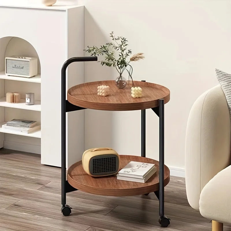 Rolling Side Table Wood Two-Tier Round 40cm Living Room Bedroom Wheels Compact Design Serving Storage | Sansoti