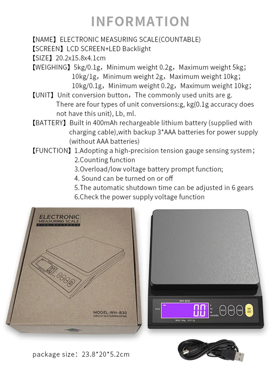 Digital Kitchen Scale Stainless Steel Waterproof 10kg Precision Baking Cooking Portioning Rechargeable LCD Display | Sansoti
