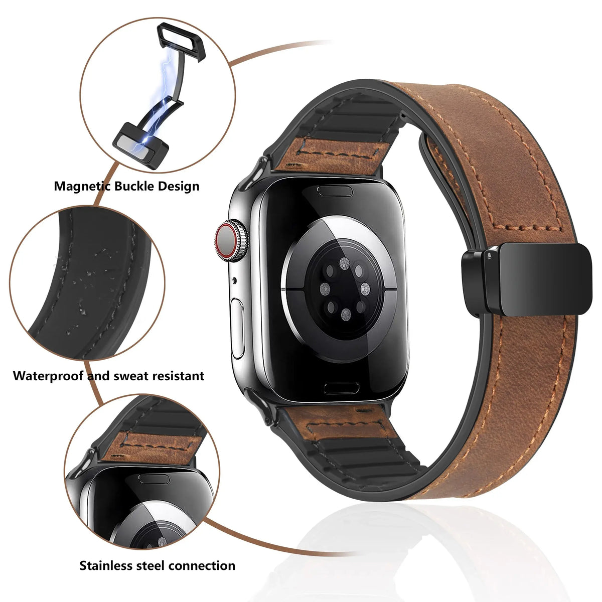 Magnetische Leren Smartwatch Band Echt Leder Verstelbare Polsband Waterbestendig Sportief Elegant Stijlvol | Sansoti