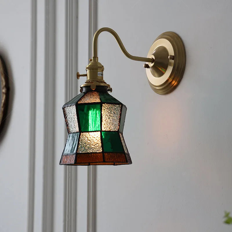 Kinkiet Tiffany ze szkła witrażowego, E27, mosiężny, retro, do sypialni, salonu i korytarza, vintage, oświetlenie ścienne z przełącznikiem przyciskowym | Sansoti