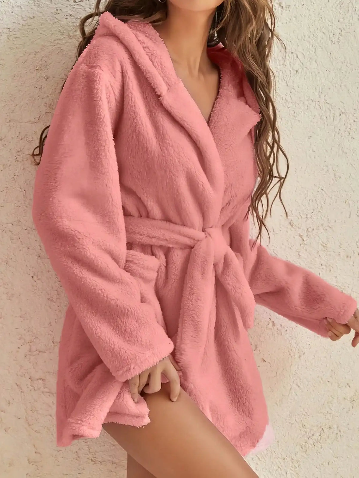 Fleece Huisjas Dames Capuchon Riem Knielengte Loungewear Warme Badjas Winterkamerjas Herfst Zachte Ochtendjas | Sansoti