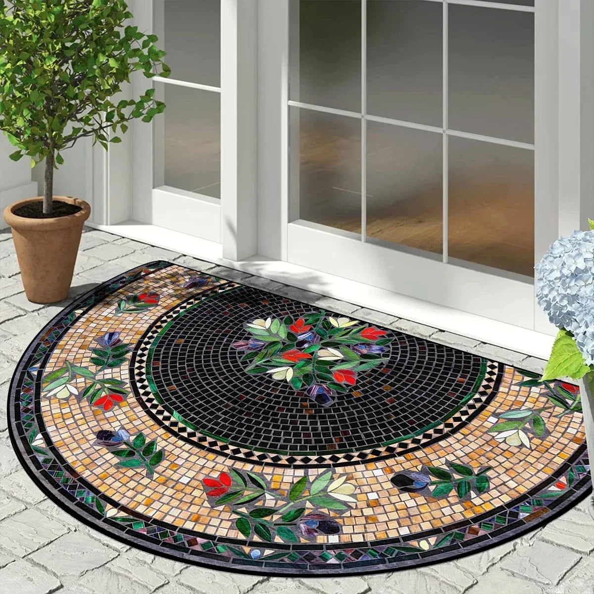 Semicircular Doormat Vintage Mosaic Pattern Non-Slip Outdoor Mat Balcony Entrance Porch Patio 60x90cm Weather-Resistant | Sansoti