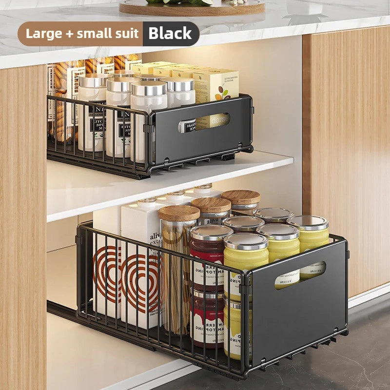 Extendable Spice Drawer Kitchen Carbon Steel 37.5cm Black Cabinet Organizer Pull-Out Spice Rack Deep Cabinet Storage Tray | Sansoti