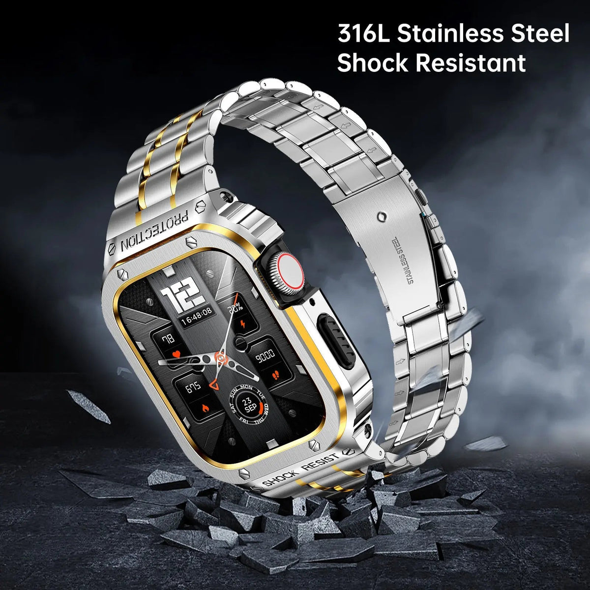 Roestvrijstalen Horlogeband met Beschermhoes 45mm 44mm Smartwatch Accessoire Zwart Zilver Goud Stijlvol | Sansoti