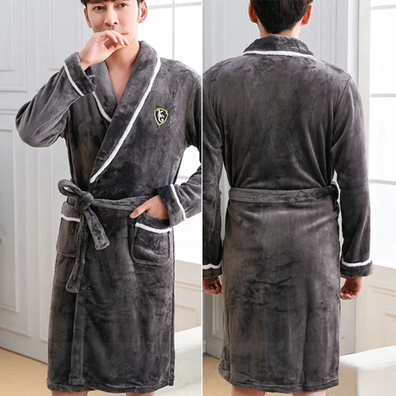Zachte Fleece Herenbadjas Kimono Stijl Lang Model voor Herfst Winter Lounge Thuiskleding Comfortabel | Sansoti