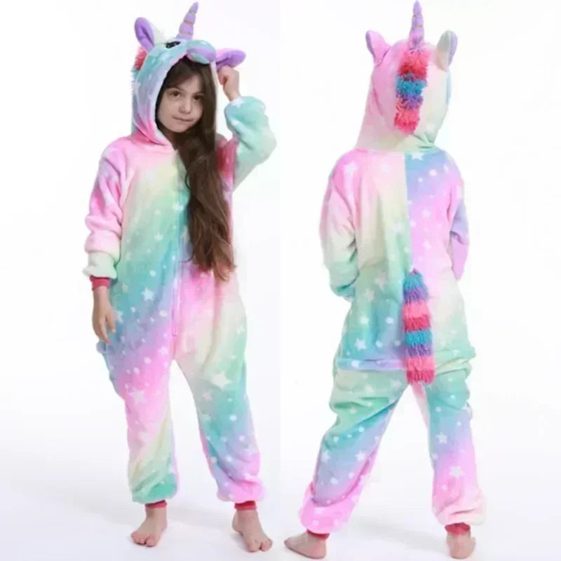 Unicorn Onesie Child Fleece Rainbow Pajamas With Hood Girls Homewear Costume Warm Soft Comfortable | Sansoti