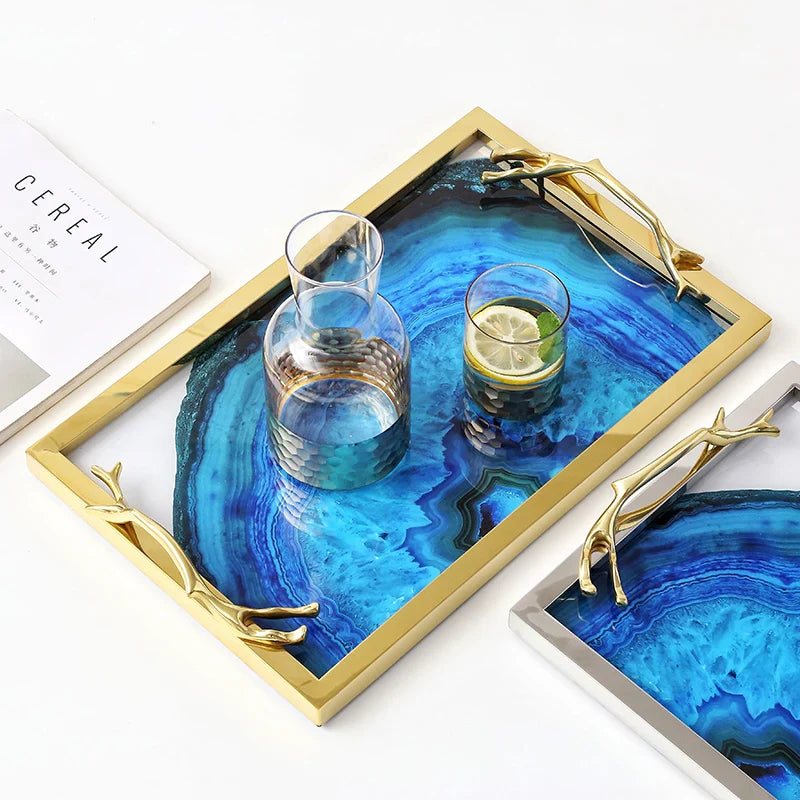 Decorative Tray with Blue Agate Pattern – Elegant Serving Tray with Glass Inlay and Stainless Steel Edge – Unique Natural Stone Design for Table and Interior | Sansoti