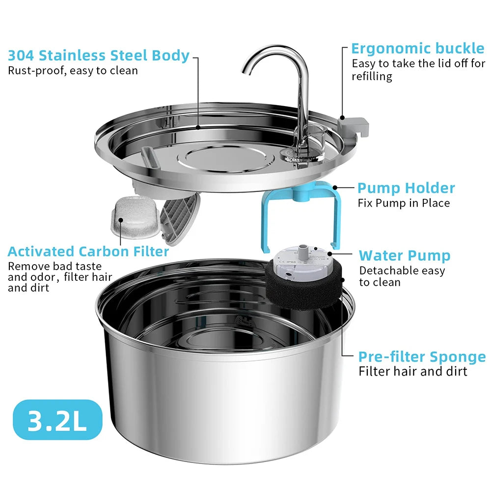Automatische Drinkfontein voor Huisdieren RVS 3 Liter USB Kat Hond Stille Waterstroomfeeder Circulatie | Sansoti