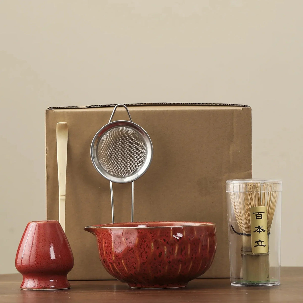 5-Piece Ceramic Bamboo Matcha Ceremony Set, Traditional Japanese Tea Set with Bowl, Whisk, Sifter, Spoon and Tea | Sansoti