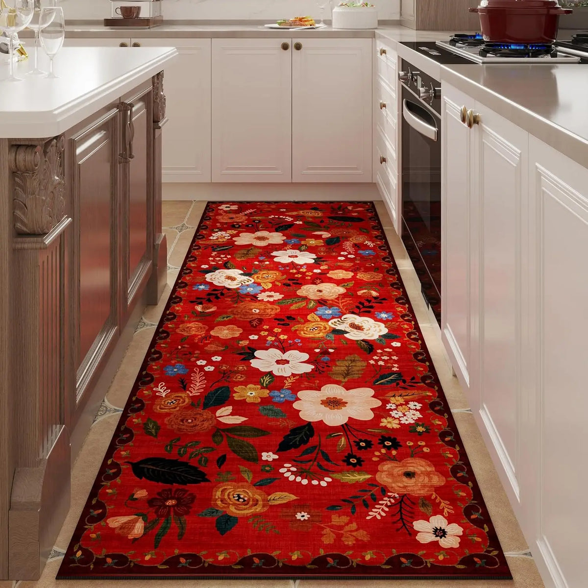 Non-Slip Runner with Floral Pattern, Washable Polyester, Rubber Backing, Hallway, Kitchen, Entryway, Living Room Decorative | Sansoti