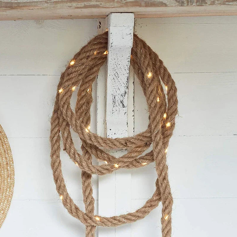 Natuurlijk Decoratief Hanfseil met Geïntegreerde LED-Lichtsnoer Warmwit 4,5 m Rustieke Sfeerlichtslinger voor Binnen en Buiten | Sansoti