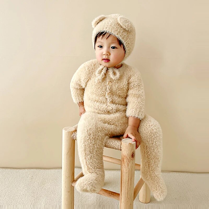 Plush Baby Jumpsuit with Bear Pattern Unisex Winter Clothing for Newborns and Toddlers Warm Soft Overall Baby Clothing | Sansoti