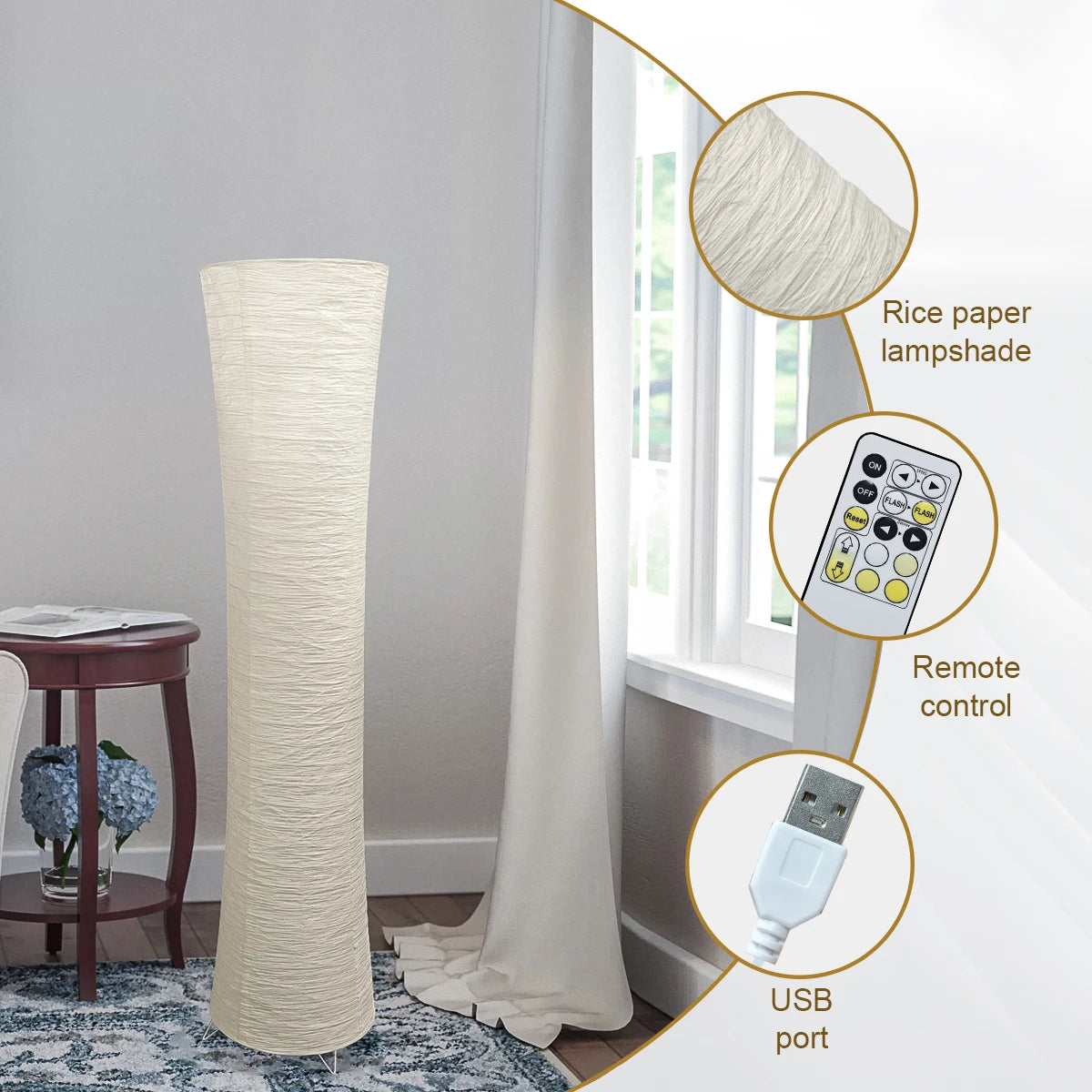 Zylindrische Stehlampe aus Reispapier 107 cm mit warmem, diffusem Licht im Japandi-Stil, Fernbedienung, Timer und stimmungsvollem Licht | Sansoti