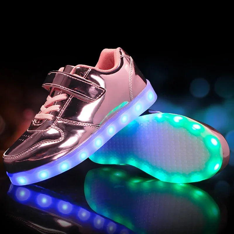 LED Kids Shoes Sneakers Synthetic Rubber Pink With Light Toy Shoes Velcro Lighting Children | Sansoti