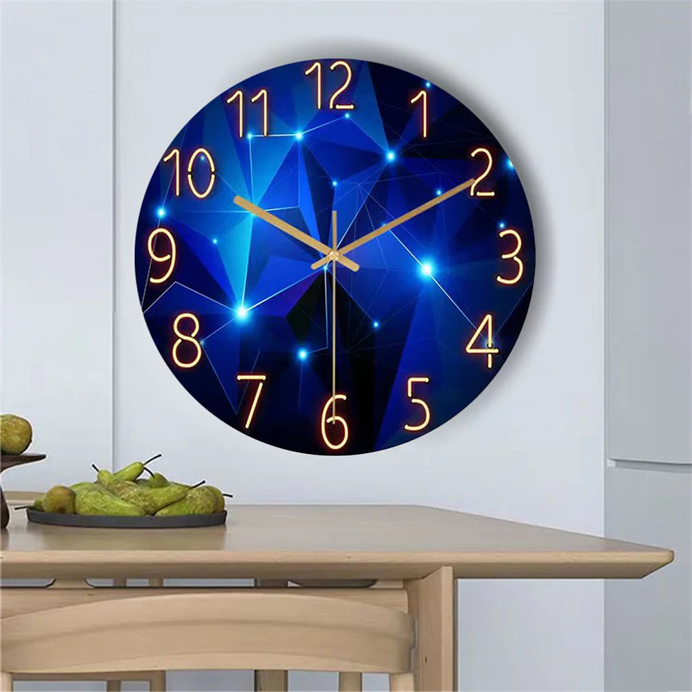 Glass Wall Clock 30cm Dark Blue Geometric Tempered Glass Silent Quartz Movement Living Room Modern Clock Abstract Interior Gift | Sansoti
